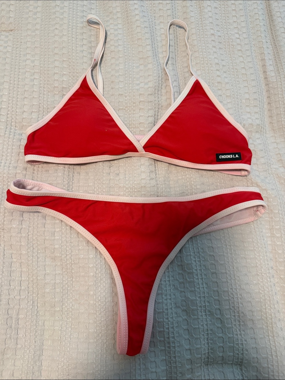 Bold Red Triangle Bikini with Soft Pink Trim